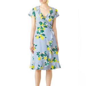 Draper James Lemon Blossom Wrap Dress 100% Silk Blue White Yellow Wrap Midi Sz 6